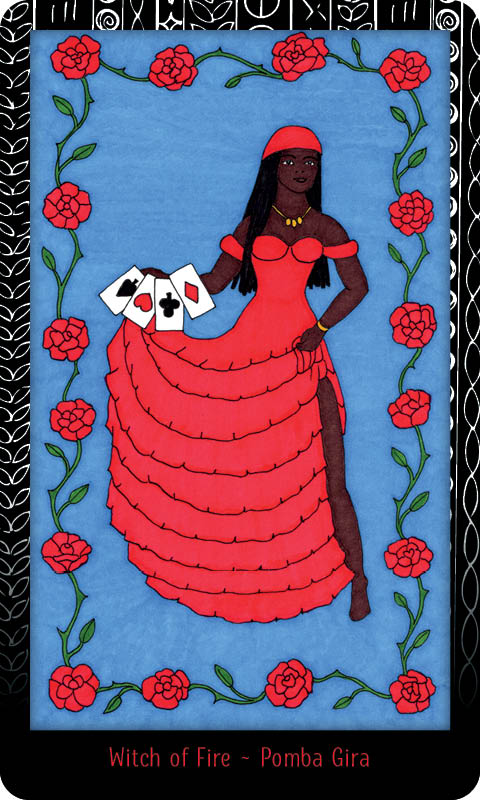 A dark-skinned woman with long dark hair wears a ruffled red dress and headscarf, holding four playing cards. She stands against a blue background with roses, embodying divine feminine energy in The Dark Daughter Tarot by Schiffer Publishing, Ltd.