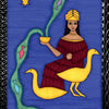 An illustrated card from The Dark Daughter Tarot by Schiffer Publishing, Ltd. shows a woman in red with a yellow headdress holding a bowl with green streams, sitting between two yellow birds, fish below, and three stars above. Text: Seven of Water ~ Nanshe.