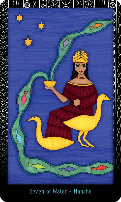 An illustrated card from The Dark Daughter Tarot by Schiffer Publishing, Ltd. shows a woman in red with a yellow headdress holding a bowl with green streams, sitting between two yellow birds, fish below, and three stars above. Text: Seven of Water ~ Nanshe.