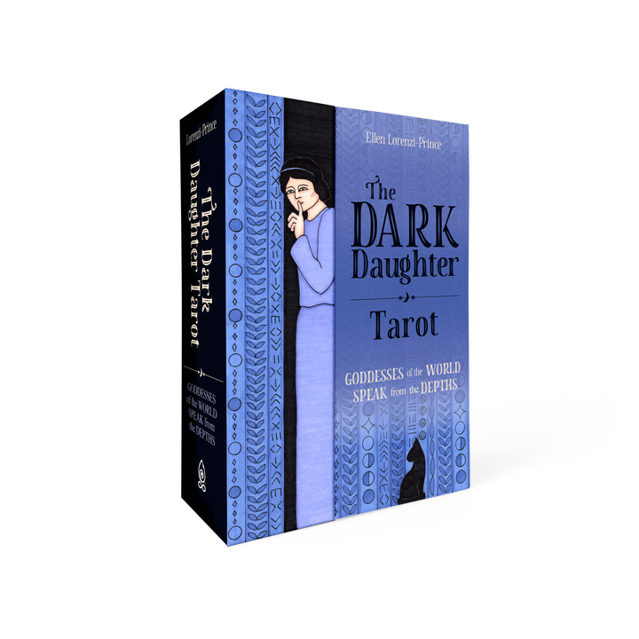 The Dark Daughter Tarot by Schiffer Publishing, Ltd. is a box set featuring a stylized woman in a long blue dress embodying the divine feminine, with intricate blue patterns and a black cat on the front.