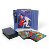 The Dark Daughter Tarot by Schiffer Publishing, Ltd. is shown with its box open, booklet inside, and four vibrant cards—reflecting the divine feminine—spread out in front, while the rest of the deck sits neatly stacked.