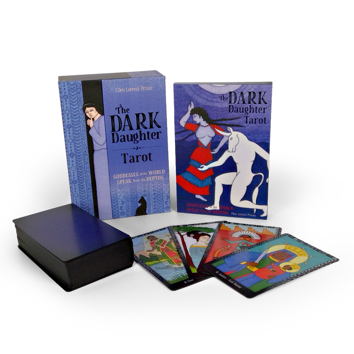 The Dark Daughter Tarot by Schiffer Publishing, Ltd. includes a blue box, guidebook, and five illustrated cards with vibrant divine feminine art, creating an empowering goddess tarot deck with mystical scenes.