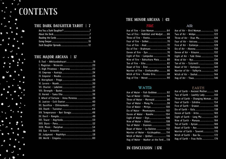Table of contents for The Dark Daughter Tarot book by Schiffer Publishing, Ltd., featuring sections on the divine feminine in the Major & Minor Arcana, with suit divisions (Fire, Water, Air, Earth) and page numbers for each entry.