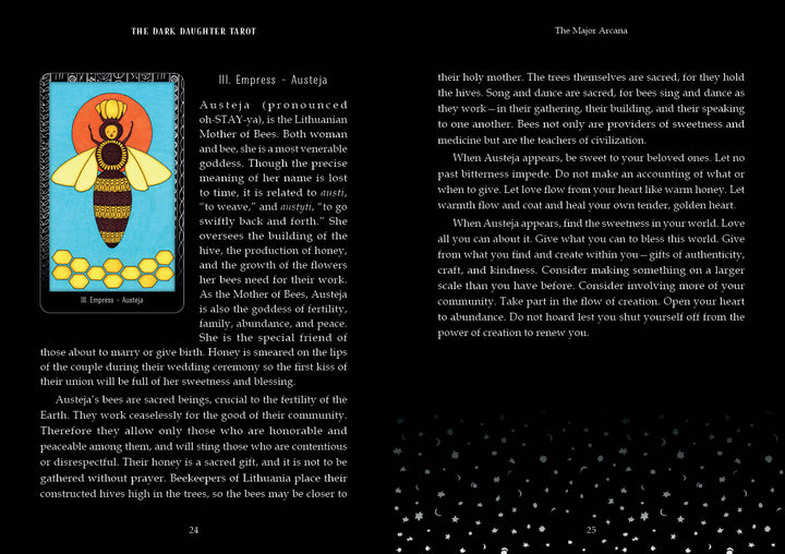 A tarot card from The Dark Daughter Tarot by Schiffer Publishing, Ltd. shows a stylized bee with red wings and a yellow body. Labeled III. Empress – Austėja, it uses bee symbolism to evoke wisdom, nurturing, and creative power.