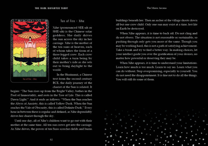 A card from The Dark Daughter Tarot by Schiffer Publishing, Ltd. shows a figure in red and yellow robes on a green platform beneath colored suns. The Ten of Fire—Xihe embodies the divine feminine, with explanatory text alongside.