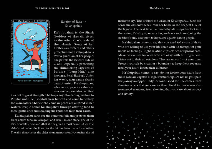 An illustration from The Dark Daughter Tarot by Schiffer Publishing, Ltd. shows Kaahupahau, shark goddess, holding a spear with a shark at her feet, framed by oceanic motifs and waves beneath red rays in this dark feminine tarot deck.