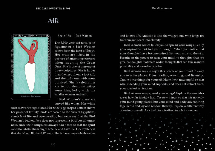 An open book reveals The Dark Daughter Tarot by Schiffer Publishing, Ltd., showing the Ace of Air - Bird Woman card. The left page displays a red-and-white bird goddess figurine; the right page details the card’s meaning.
