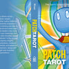 The cover of Patch Tarot, an esoteric deck from Schiffer Publishing, Ltd., shows a blue cartoon figure with button eyes, stitched mouth, and raised hand against a colorful abstract background with a sword and left-side text.