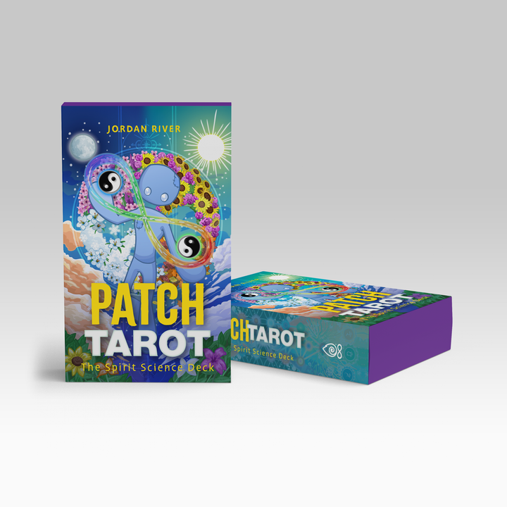 A vibrant Patch Tarot box by Schiffer Publishing, Ltd. features a blue patchwork character holding yin-yang symbols amid cosmic and natural artwork. Shown both upright and lying down.