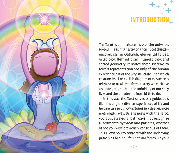 A vibrant illustration of a peaceful, meditating figure with purple hair, glowing orbs, and rainbow light highlights the introduction to Patch Tarot by Schiffer Publishing, Ltd., showcasing the deck's unique symbolism and esoteric themes.