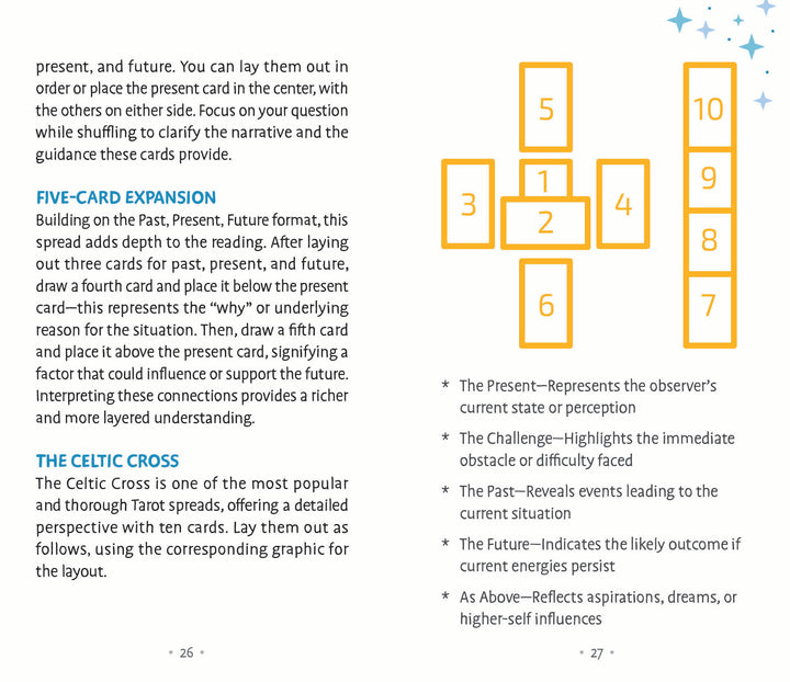 A guidebook page details the Five-Card Expansion (5 cards) and Celtic Cross (10-card cross and line) Tarot spreads, with Patch Tarot card diagrams. Product: Patch Tarot by Schiffer Publishing, Ltd.