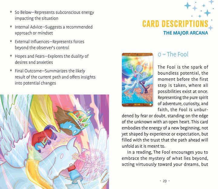 An illustrated Patch Tarot guidebook page by Schiffer Publishing, Ltd. features The Fool card: a joyful blue figure leaps over a cliff, accompanied by text exploring the card's meanings from this unique tarot deck.