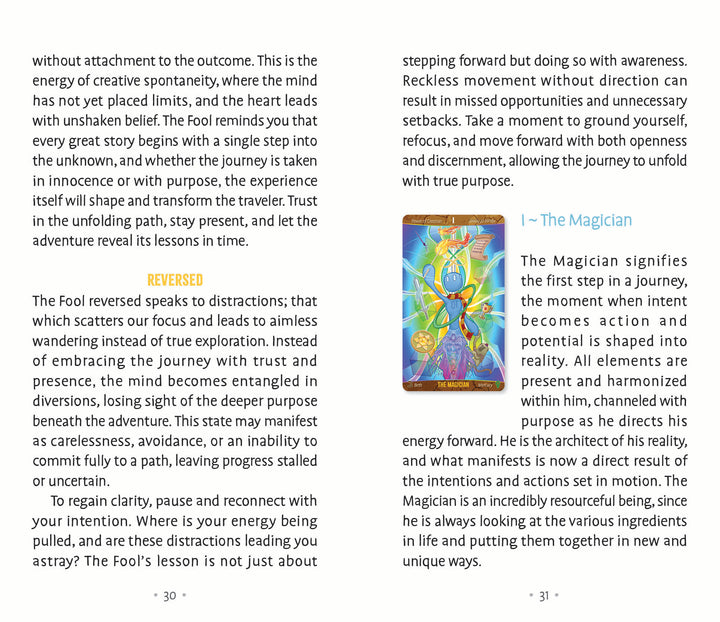A two-page spread from Patch Tarot by Schiffer Publishing, Ltd. The left page explores The Fool and its reversed meaning; the right introduces The Magician, its symbolism, and reading meanings. Text is framed by a blue border.