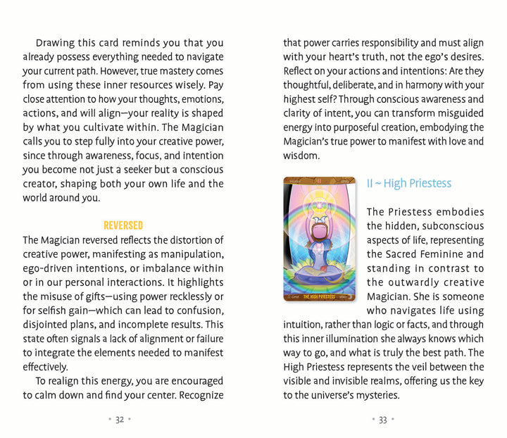 A two-page spread from Patch Tarot by Schiffer Publishing, Ltd. shows the reversed Magician card on the left, while the right presents the High Priestess—a serene woman with a scroll between pillars—accompanied by descriptive text.