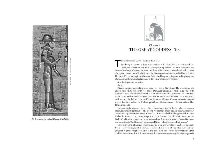 A grayscale image from "Isis Magic: 25th Anniversary Edition" by Schiffer Publishing, Ltd. shows a relief of the Egyptian goddess Isis and hieroglyphs on the left page, with the right page starting a chapter on developing devotion to Isis.