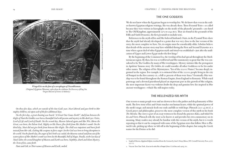 Black and white photo of a carved stone artifact depicting the Egyptian goddess Isis, featured in "Isis Magic: 25th Anniversary Edition" by Schiffer Publishing, Ltd., with hieroglyphs reflecting ancient devotion.