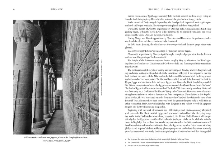 Black and white photo of stone columns at Egypt’s Temple of Isis, honoring goddess Isis; corridor lines inscribed walls. Featured in "Isis Magic: 25th Anniversary Edition" by Schiffer Publishing, Ltd.