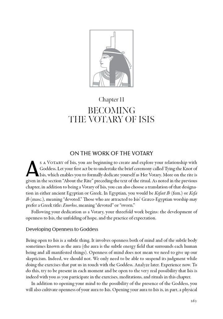 A page from Isis Magic: 25th Anniversary Edition by Schiffer Publishing, Ltd. titled "Chapter II: Becoming the Votary of Isis" explores devotional practice with the goddess; printed in black serif font on white, with page number 265 at the bottom.