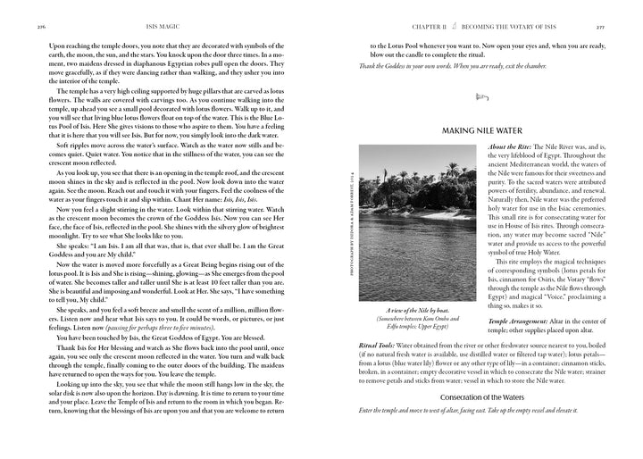 A black-and-white Nile River photo with lush banks appears beside text exploring Egyptian rituals, the goddess Isis, and Nile water consecration in Isis Magic: 25th Anniversary Edition by Schiffer Publishing, Ltd.