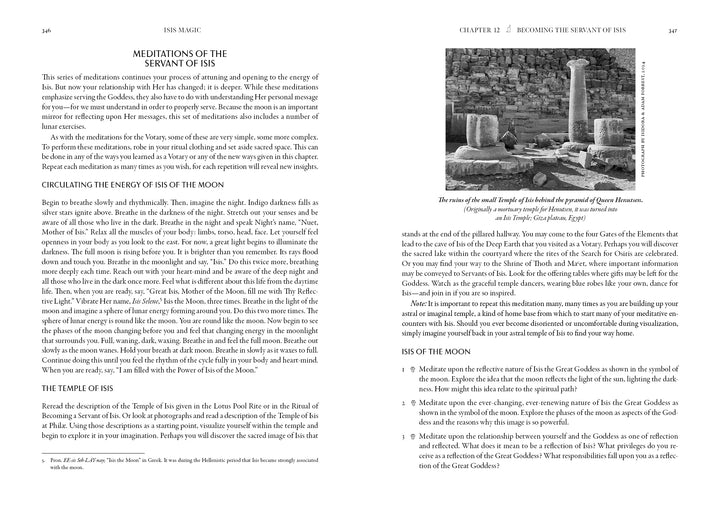 A black-and-white photo of Eleusis's ancient stone ruins—columns and a platform—evokes the spiritual ties to Isis, reflected in "Isis Magic: 25th Anniversary Edition" from Schiffer Publishing, Ltd.