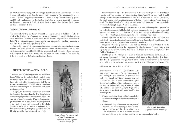 A spread from "Isis Magic: 25th Anniversary Edition" by Schiffer Publishing, Ltd. shows a statue of the Egyptian goddess Isis with annotations on one page, and a discussion of rituals and devotion to her on the other.