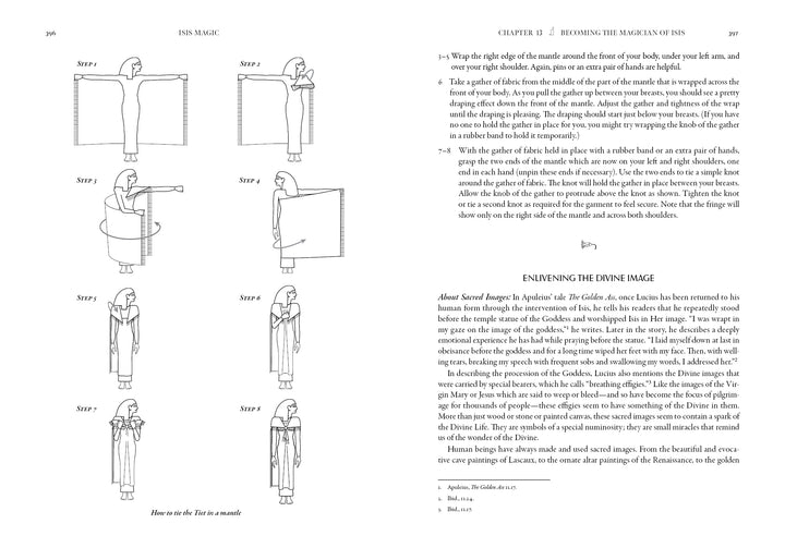 A step-by-step guide with illustrations on wrapping a long prayer shawl, featuring text instructions and the title How to do the Tallith ritual, inspired by Isis Magic: 25th Anniversary Edition from Schiffer Publishing, Ltd.