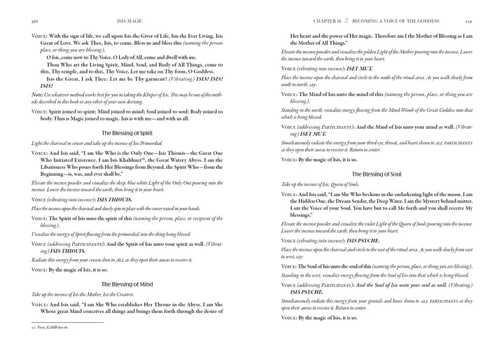 A two-page spread from Isis Magic: 25th Anniversary Edition by Schiffer Publishing, Ltd. features poetic and narrative blocks, dialogue as Voice, and section headings like The Blessing of Spirit—invoking devotion to the Egyptian goddess Isis and ancient magic.