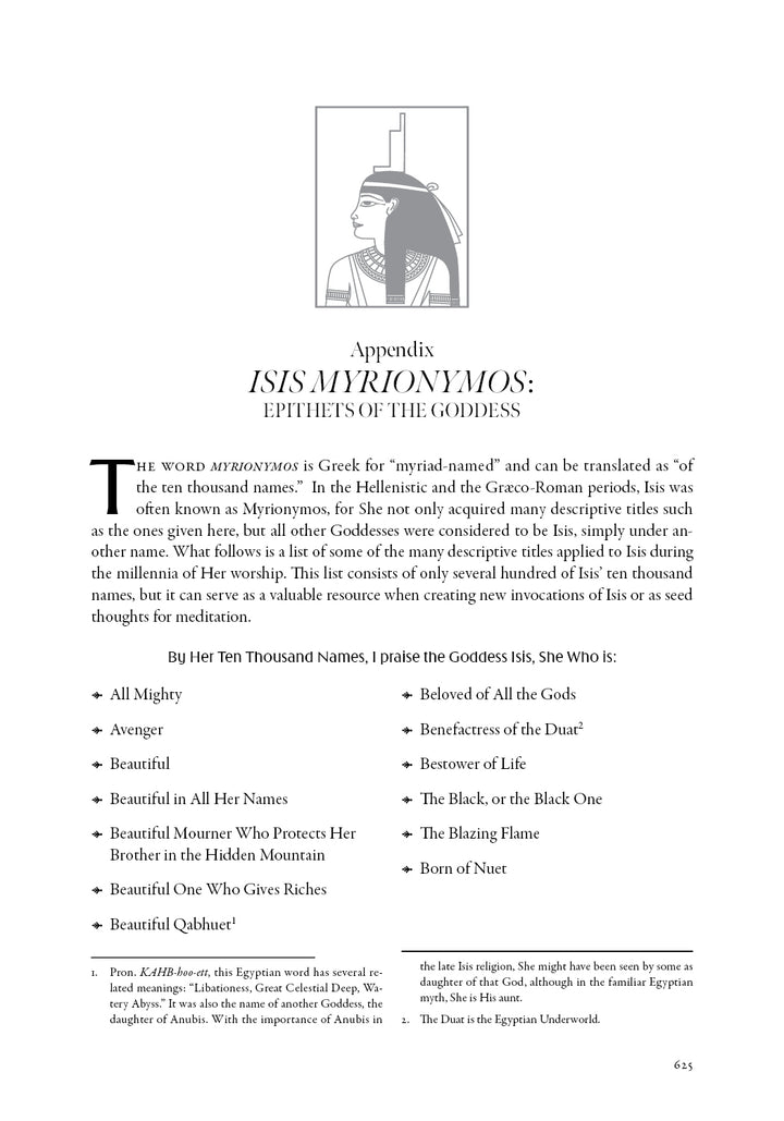 A page in *Isis Magic: 25th Anniversary Edition* by Schiffer Publishing, Ltd. lists epithets of Isis like All Highest, Avenger, and Bringer of the Nile, with a paragraph explaining her devotional relationship.