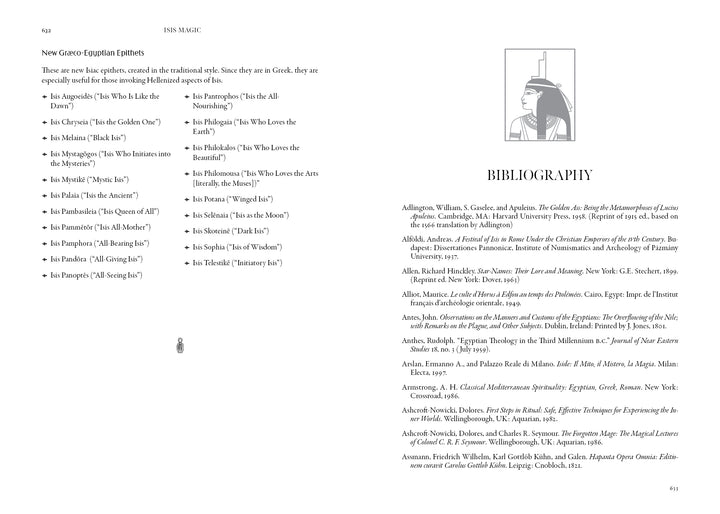 Two pages from Isis Magic: 25th Anniversary Edition (Schiffer Publishing, Ltd.): the left lists New Graeco-Egyptian Epithets with Greek and English; the right, titled Bibliography, shows Isis above references for further devotion or study.