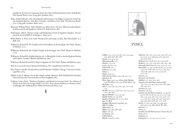 A book spread from Isis Magic: 25th Anniversary Edition by Schiffer Publishing, Ltd., shows a left-page bibliography and the right page beginning the index, topped with an image of the goddess Isis in profile wearing her headdress.