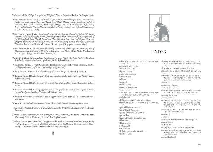 The index of "Isis Magic: 25th Anniversary Edition" by Schiffer Publishing, Ltd. lists names alphabetically with page numbers on the right, an illustration (possibly Isis) in a top-right frame, and page numbers in bottom corners.