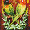 Two colorful parrots face each other on leafy branches amid rays and geometric symbols. The card reads “3- Communication” and “Sun in Gemini”—part of The MicroCosmic Oracle by Schiffer Publishing, Ltd. for astrological insight.