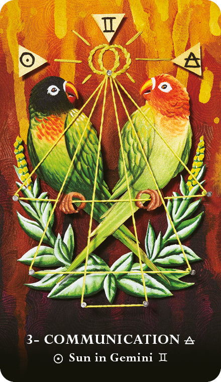 Two colorful parrots face each other on leafy branches amid rays and geometric symbols. The card reads “3- Communication” and “Sun in Gemini”—part of The MicroCosmic Oracle by Schiffer Publishing, Ltd. for astrological insight.