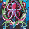 A stylized pink octopus is surrounded by green shapes, geometric lines, and astrological symbols on the MicroCosmic Oracle card from Schiffer Publishing, Ltd. The card shows 28 – Introspection, Mercury in Cancer, with more symbols below.