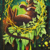 A relaxed brown cat lounges on its back among green leaves and golden shapes. Card 38 – Luxury from The MicroCosmic Oracle by Schiffer Publishing, Ltd. features Venus in Taurus symbols at the bottom.
