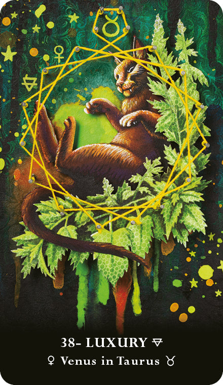 A relaxed brown cat lounges on its back among green leaves and golden shapes. Card 38 – Luxury from The MicroCosmic Oracle by Schiffer Publishing, Ltd. features Venus in Taurus symbols at the bottom.