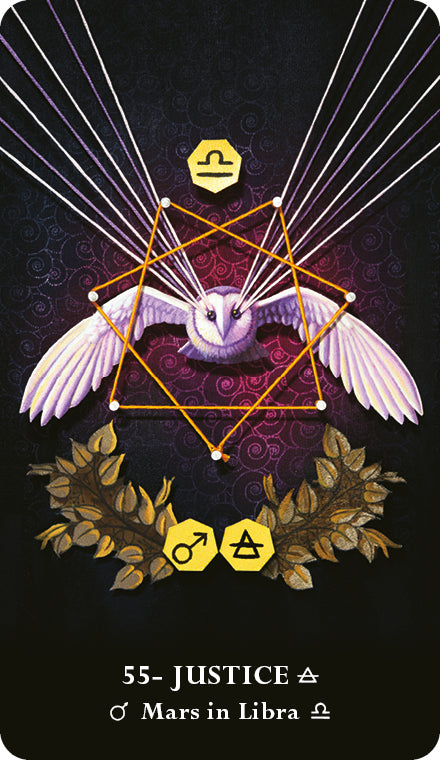 A white owl with outstretched wings sits in a golden star on The MicroCosmic Oracle by Schiffer Publishing, Ltd., with Mars and Libra symbols, the number 55, and the word JUSTICE—ideal for astrology or zodiac oracle readings.