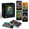 A box for The MicroCosmic Oracle by Schiffer Publishing, Ltd. is shown beside illustrated divination cards with vibrant mystical artwork of animals, symbols, and geometric patterns. Some cards are fanned out to show their colorful backs.