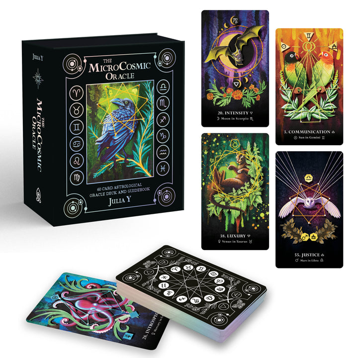 A box for The MicroCosmic Oracle by Schiffer Publishing, Ltd. is shown beside illustrated divination cards with vibrant mystical artwork of animals, symbols, and geometric patterns. Some cards are fanned out to show their colorful backs.