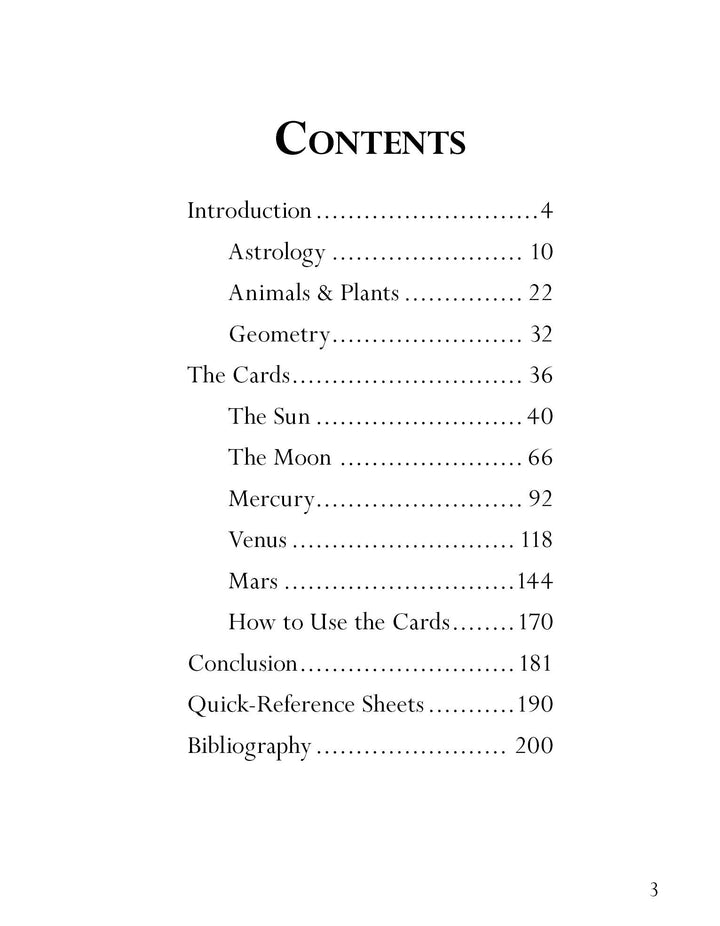 The MicroCosmic Oracle by Schiffer Publishing, Ltd. includes a table of contents with sections like Introduction, Astrology, Animals & Plants, Geometry, The Cards, celestial bodies, card usage guide, reference sheets, and bibliography with page numbers.