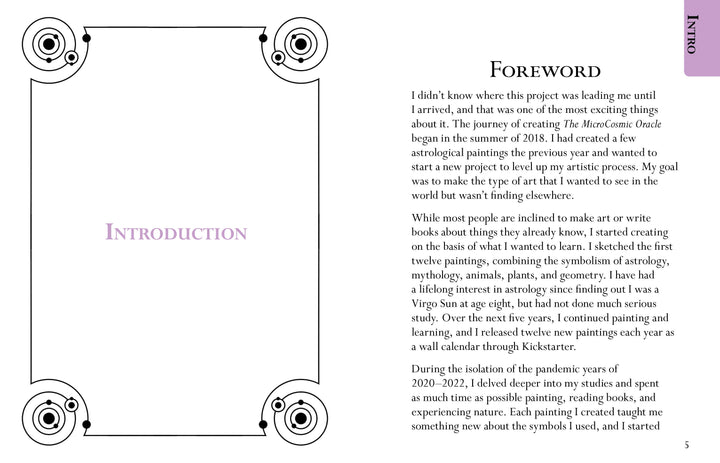 A two-page book spread from The MicroCosmic Oracle by Schiffer Publishing, Ltd.: the left page displays “Introduction” in purple with an ornate black border; the right page has a Foreword about the author’s creative journey making this astrology oracle deck.
