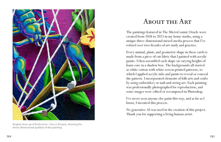 An open book, The MicroCosmic Oracle by Schiffer Publishing, Ltd., shows a detailed painting of plants and string on the left page and text about the creative process and materials for crafting astrology oracle deck art on the right.