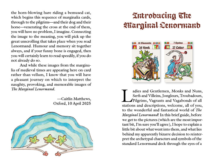 An introduction to The Marginal Lenormand by Schiffer Publishing, Ltd. is shown on a book page, featuring two illustrated cards above text columns about this playful divination deck inspired by medieval marginalia.