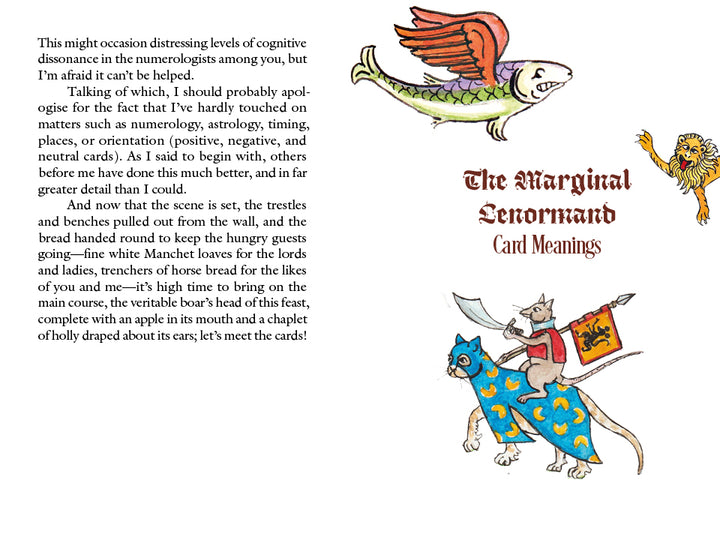 The Marginal Lenormand by Schiffer Publishing, Ltd. features whimsical medieval-inspired cards, like a flying fish and lion, exploring cognitive dissonance and feasts in this quirky divination deck with vibrant illustrations.