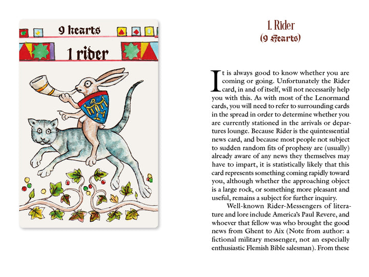 In The Marginal Lenormand by Schiffer Publishing, Ltd., the 9 Hearts, 1 Rider card features a rabbit riding a blue cat and blowing a horn—a medieval-inspired symbol of messages, arrivals, and departures.