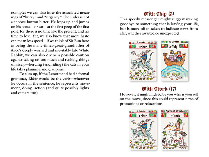 A book spread from The Marginal Lenormand by Schiffer Publishing, Ltd. showcases text on Lenormand meanings and colorful, medieval-inspired images of the 1 Rider, 9 Ship, 11 Whip, and 12 Birds playing cards.