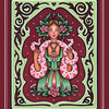 A stylized woman in green and pink holds a patterned snake amid flowers and Elder Futhark-inspired designs. The card from Weird Weavings Runic Oracle by Schiffer Publishing, Ltd. reads "THURISAZ" on top and "DEFENSE" below, bordered in burgundy and green.