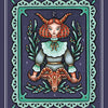 An illustration from the Weird Weavings Runic Oracle by Schiffer Publishing, Ltd. shows a red-haired woman with ram’s horns holding a ram’s head, framed by leaves, the RAIDHO rune above her, and JOURNEY below within a decorative border.