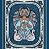 The Weird Weavings Runic Oracle by Schiffer Publishing, Ltd. features the KENAZ INSPIRATION card, depicting a winged, horned angelic figure holding a glowing rune above two swans on a blue background with ornate borders.