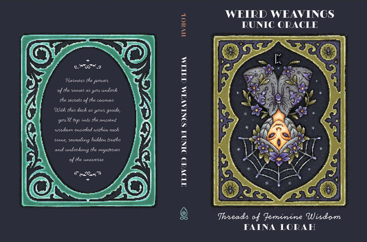 The Weird Weavings Runic Oracle by Schiffer Publishing, Ltd. features a cover with mystical, ornate Elder Futhark rune-inspired designs: a heart with key and spider web on the front, and a green frame plus poetic text on the back.